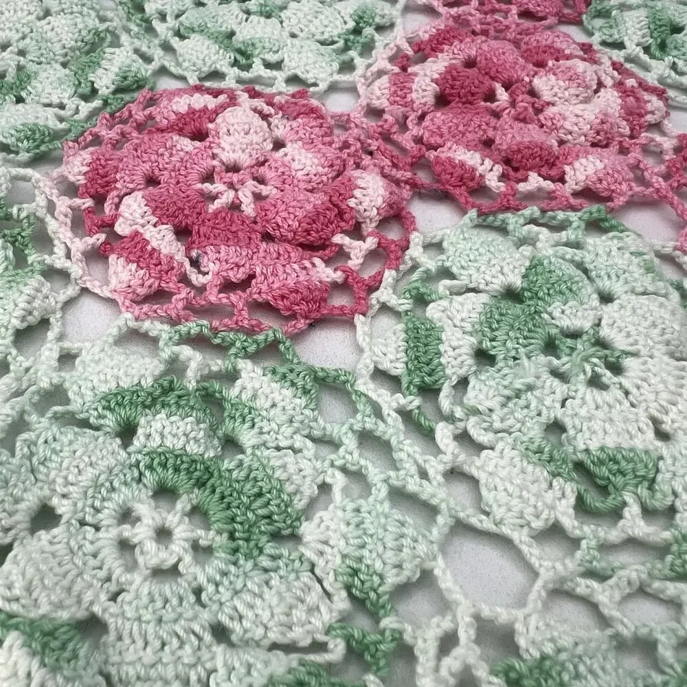 Vintage Hand Crocheted Doily Pink Green Flower Round 14
